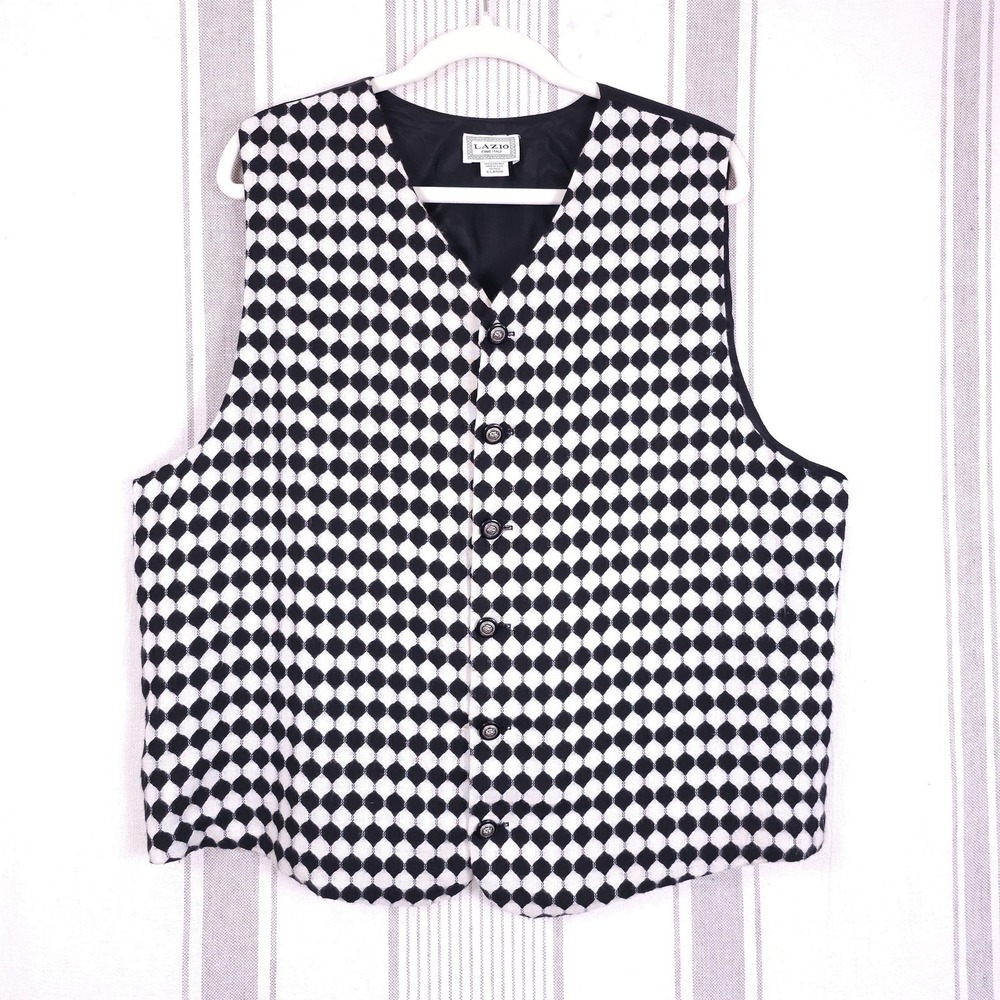 Vintage Lazio Vest Mens XL Black White Masquerade NYE Argyle Diamond Jester